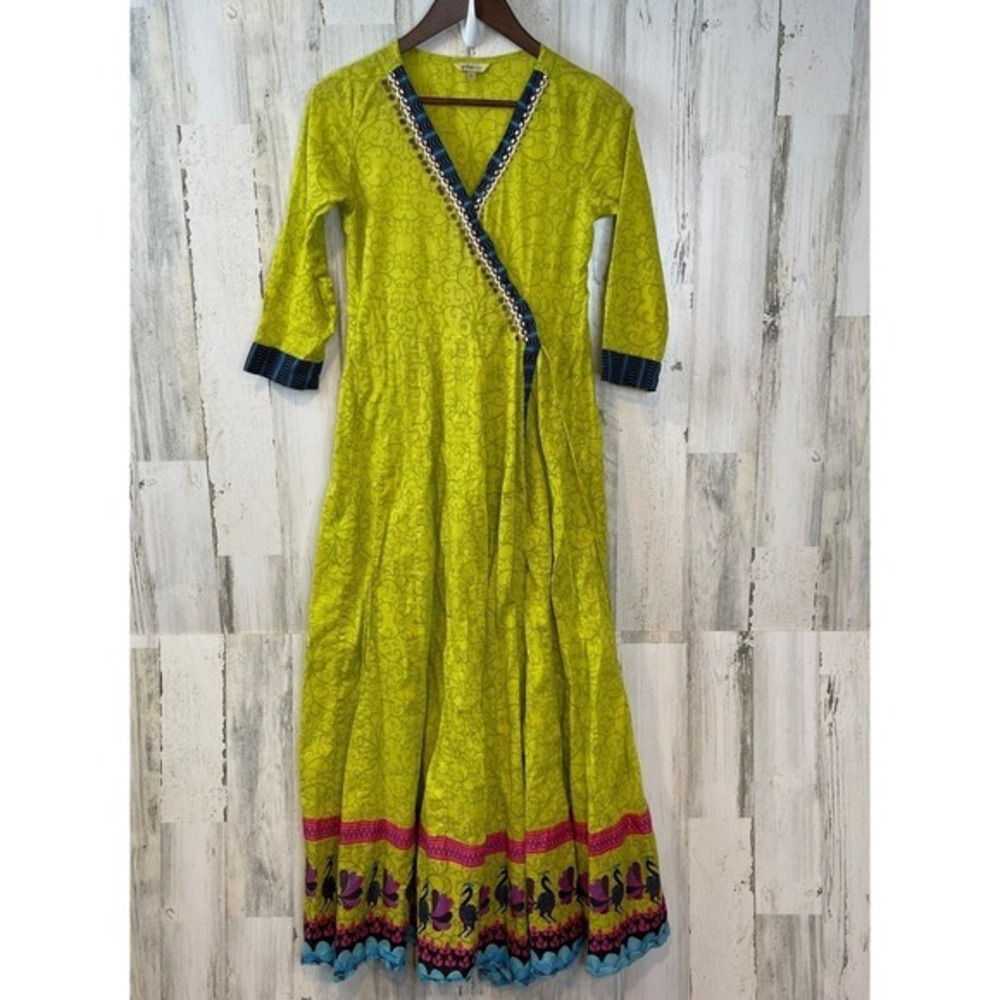 Global Desi Women's Boho‎ Maxi Wrap Dress Green Peacock Print Size S